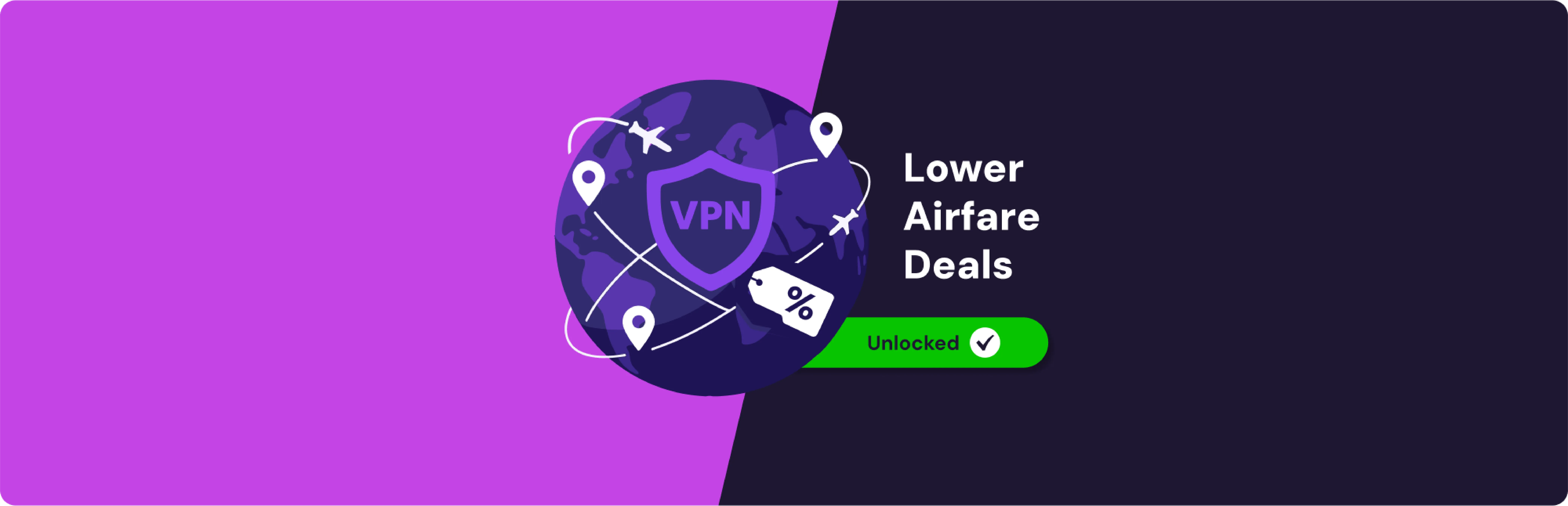 Illustration showing a VPN shield over a globe with flight paths, location pins, and a discount tag, alongside the text “Lower Airfare Deals” and a green “Unlocked” badge, representing how a VPN can help access cheaper flight prices.